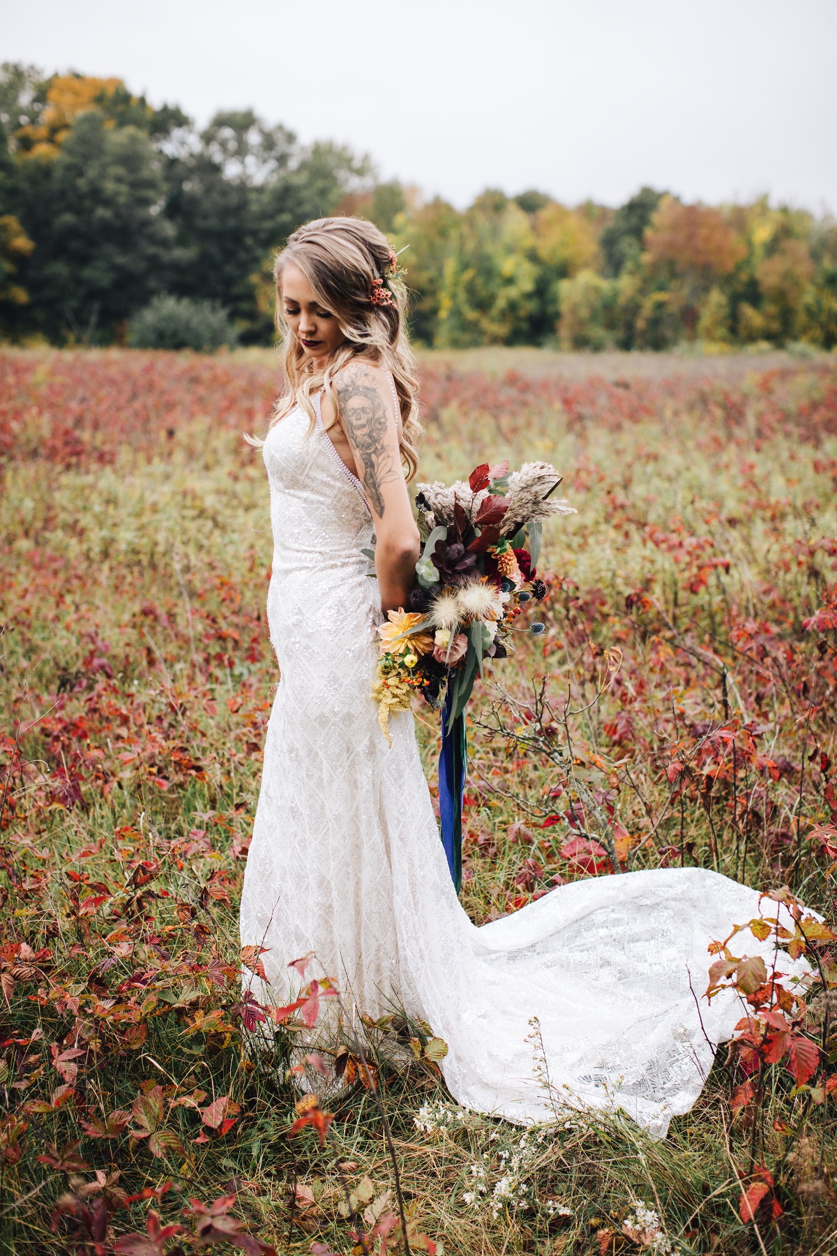 bride in Michigan in the Fall