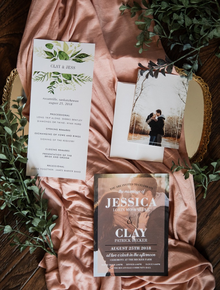 Rustic wedding invitation suite program and couple portrait