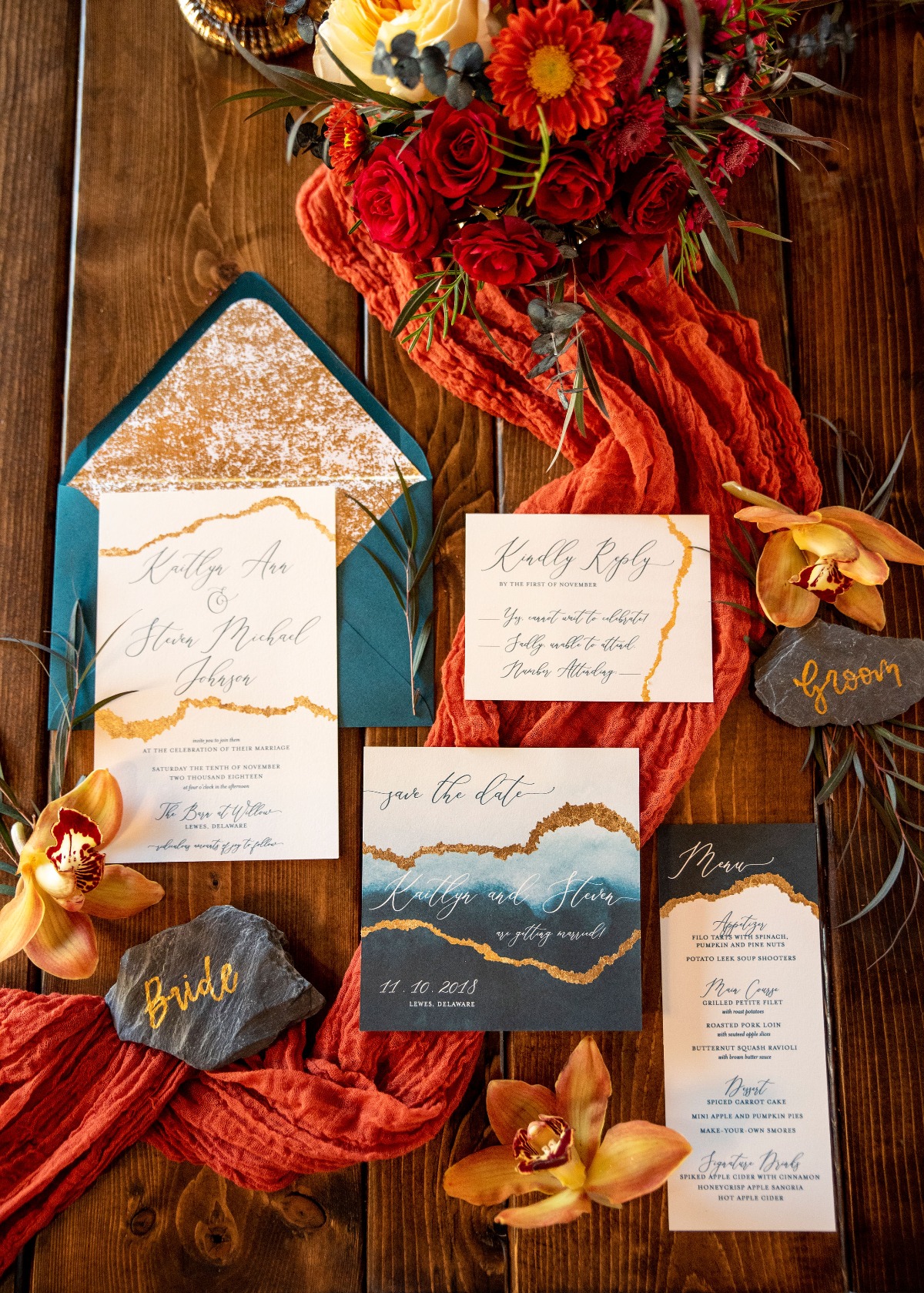Geode wedding invitation suite in teal and gold