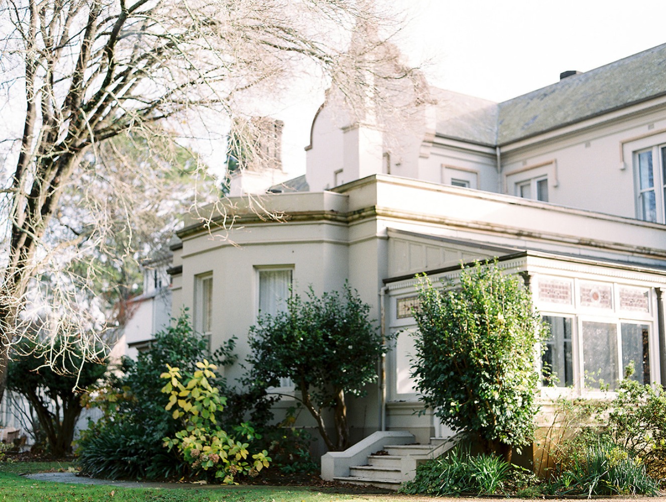 Elegant beige house with lush green garden foliage
