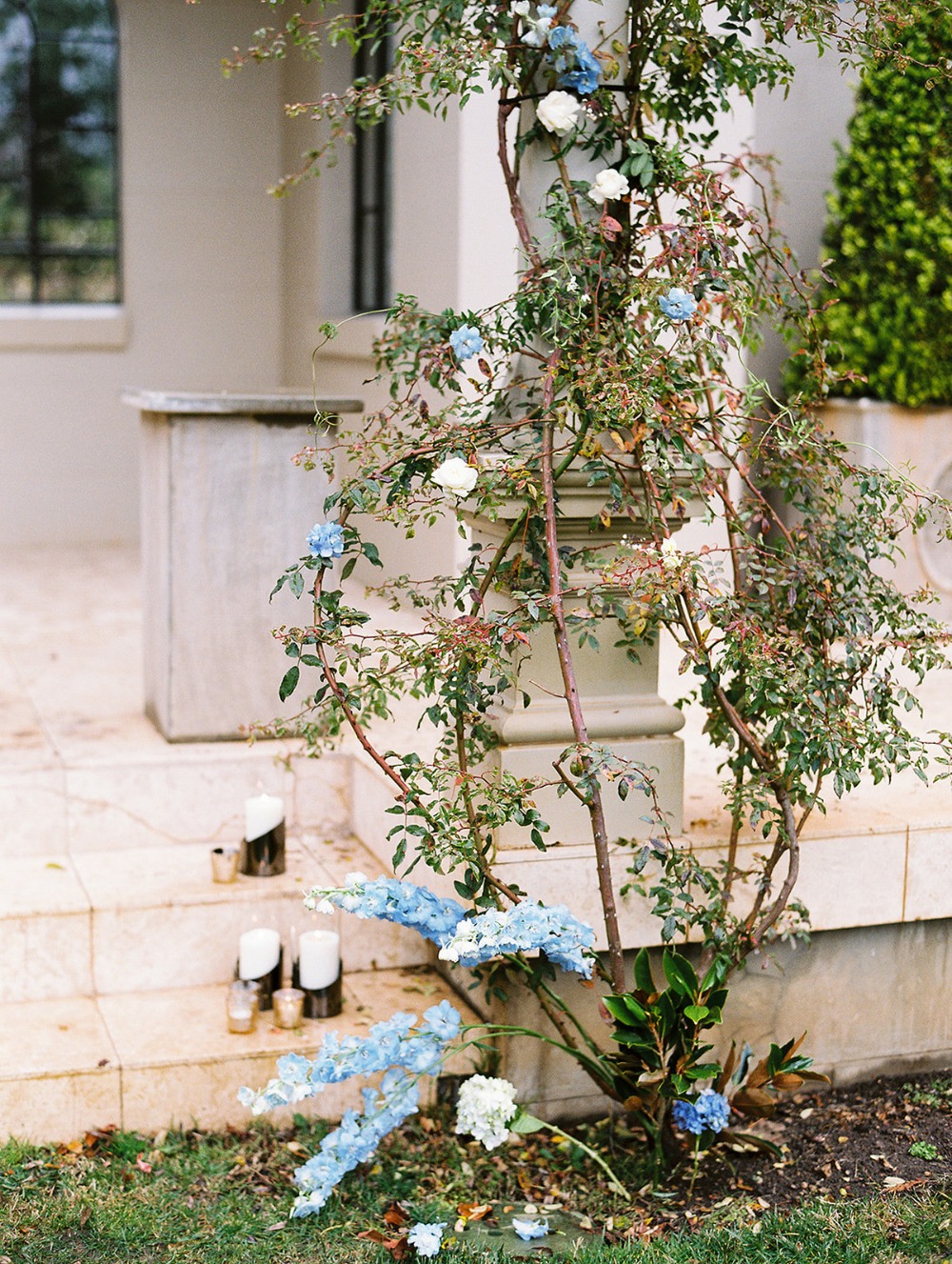 Floral decorations at outdoor wedding ceremony site