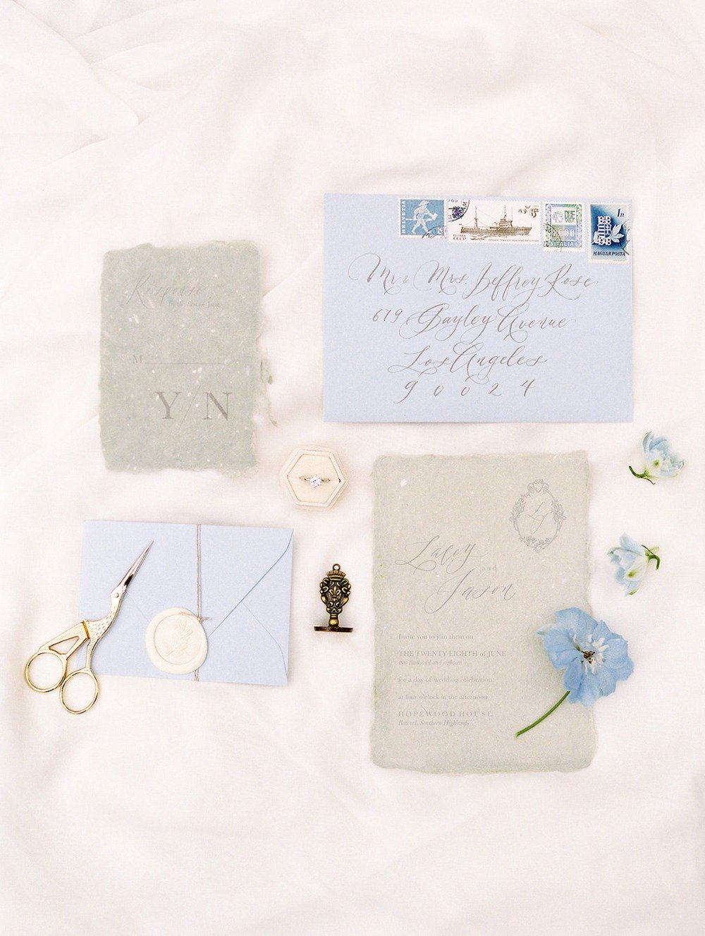 soft blue and grey wedding invitation