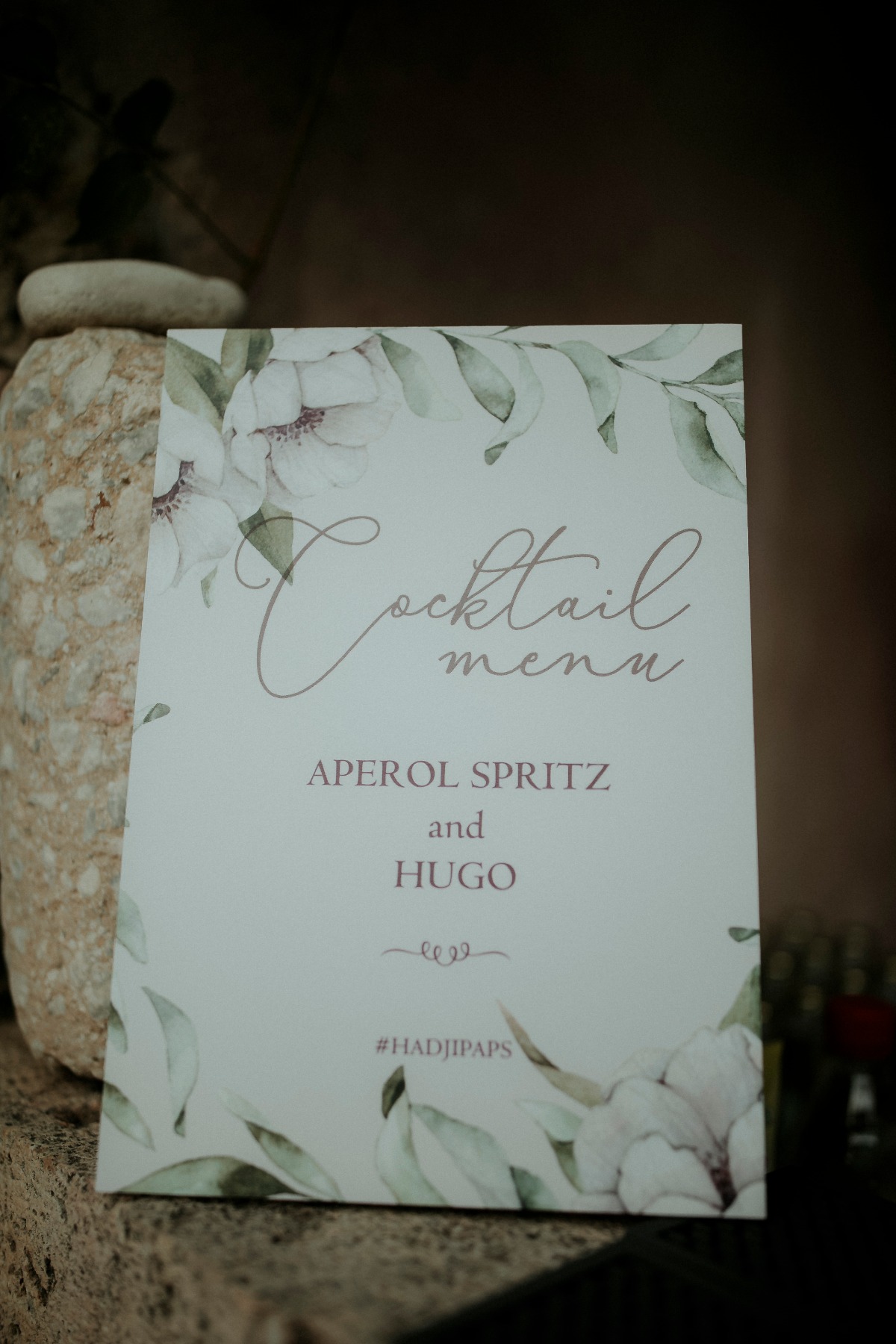 Elegant floral cocktail menu for Aperol Spritz Hugo