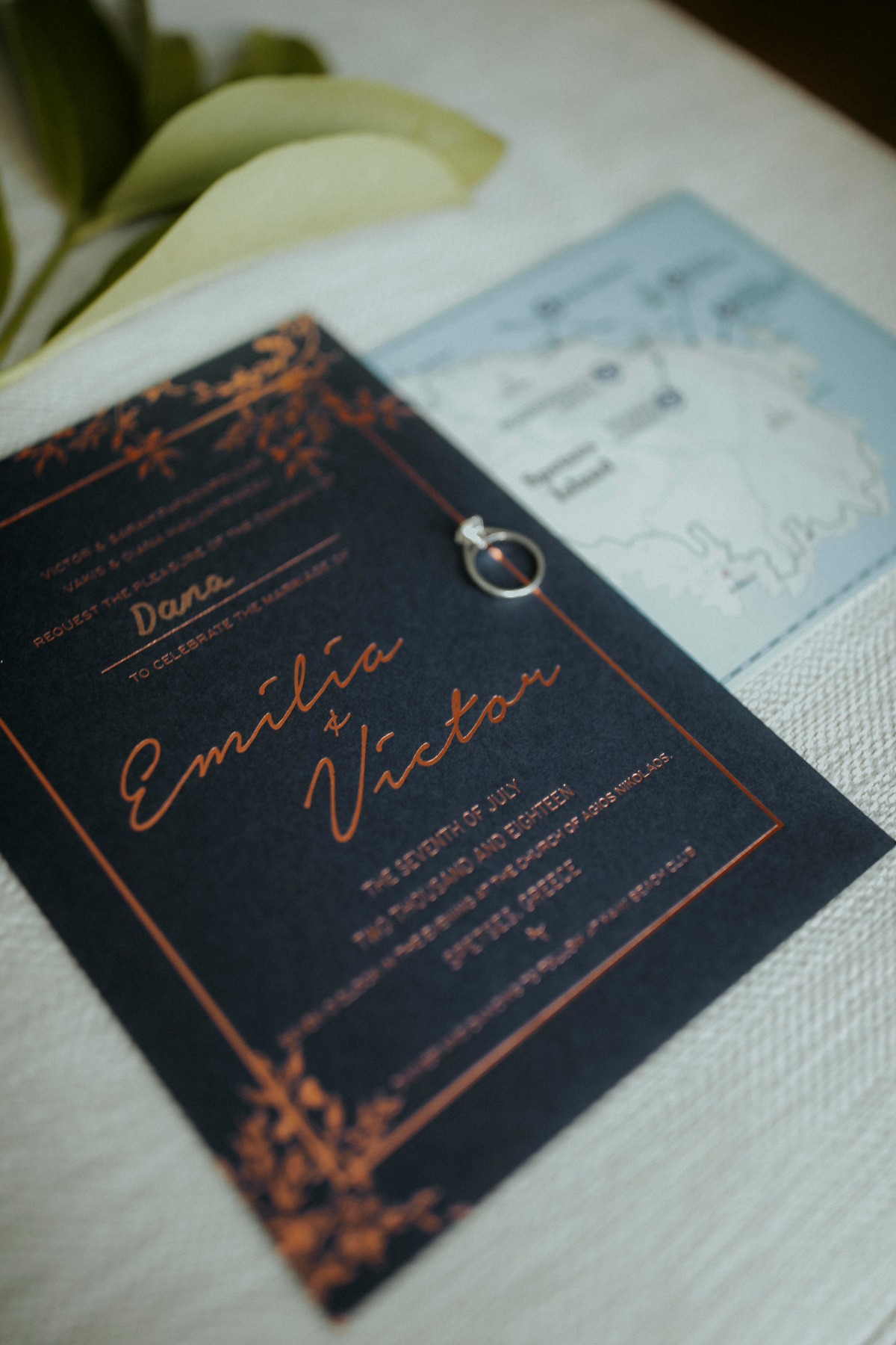 Emilia and Victor wedding invitation in Greece with ring