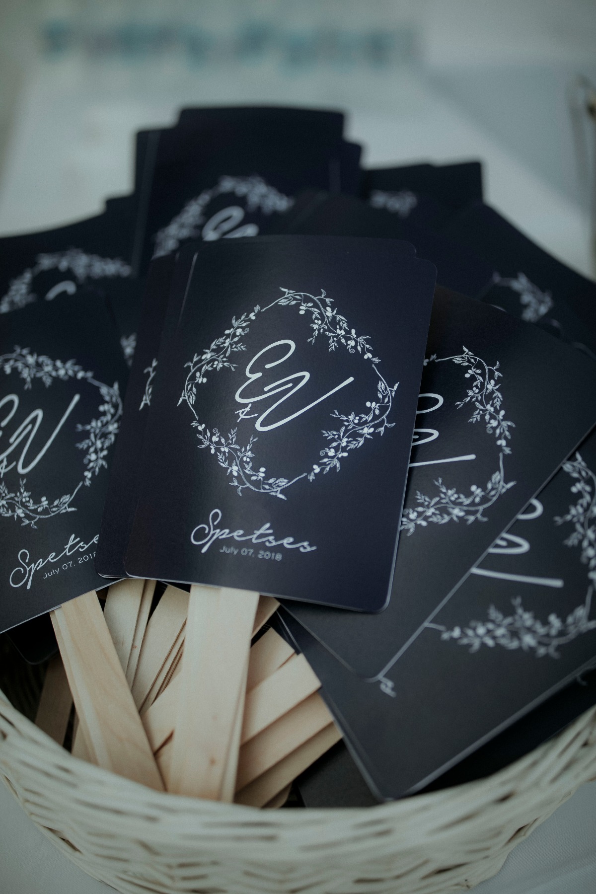 Black wedding hand fans favors in Spetses July 2018