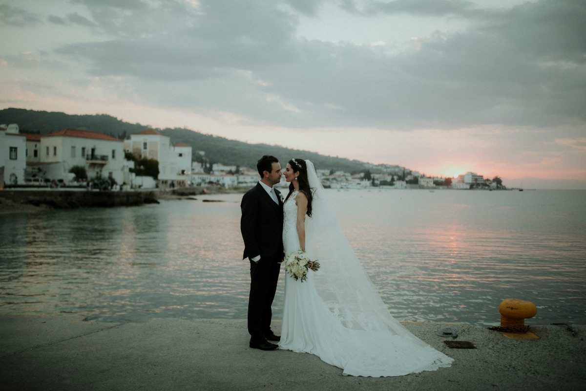Romantic couple on their wedding day at the seaside