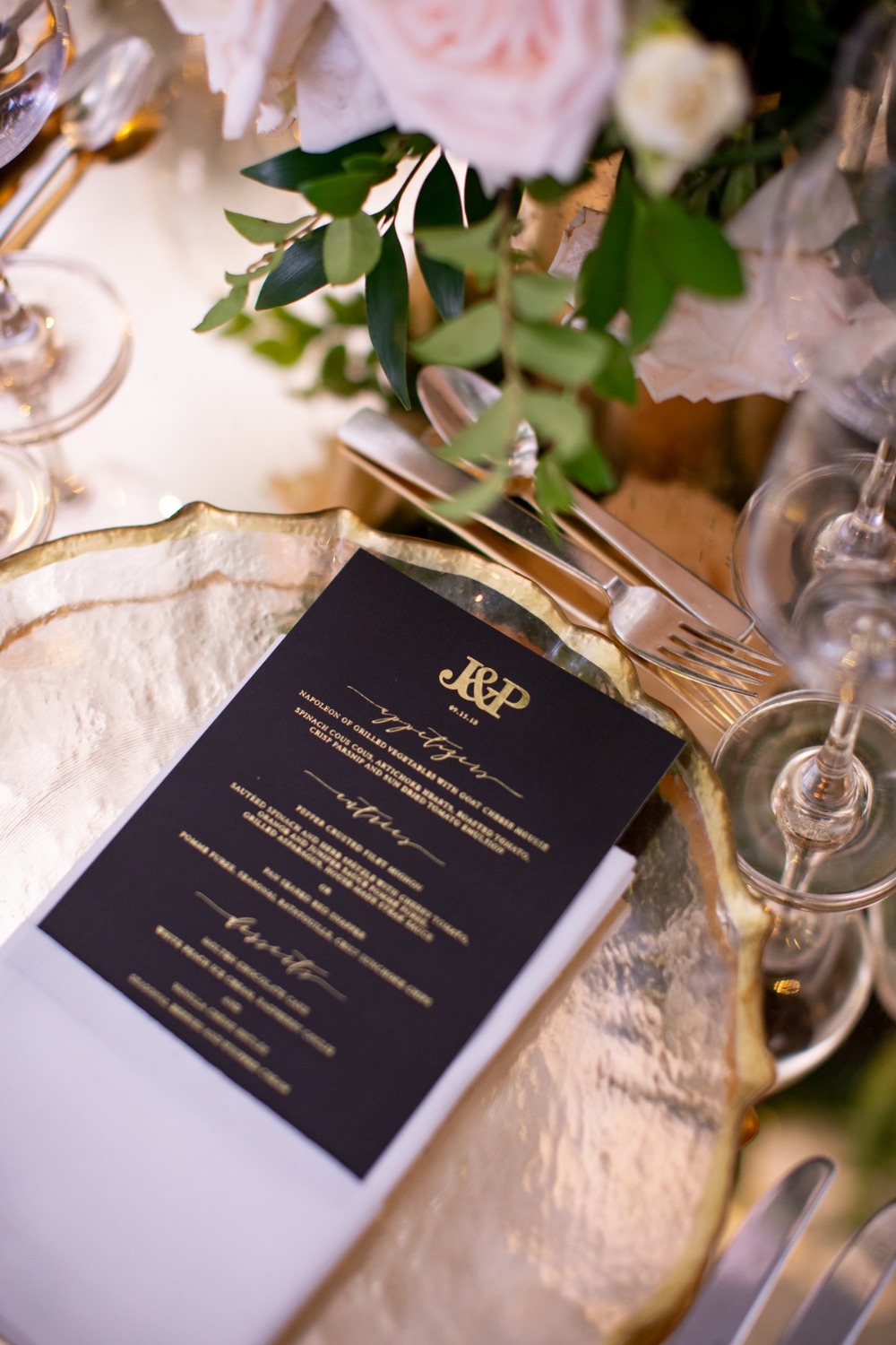 black and gold wedding menu