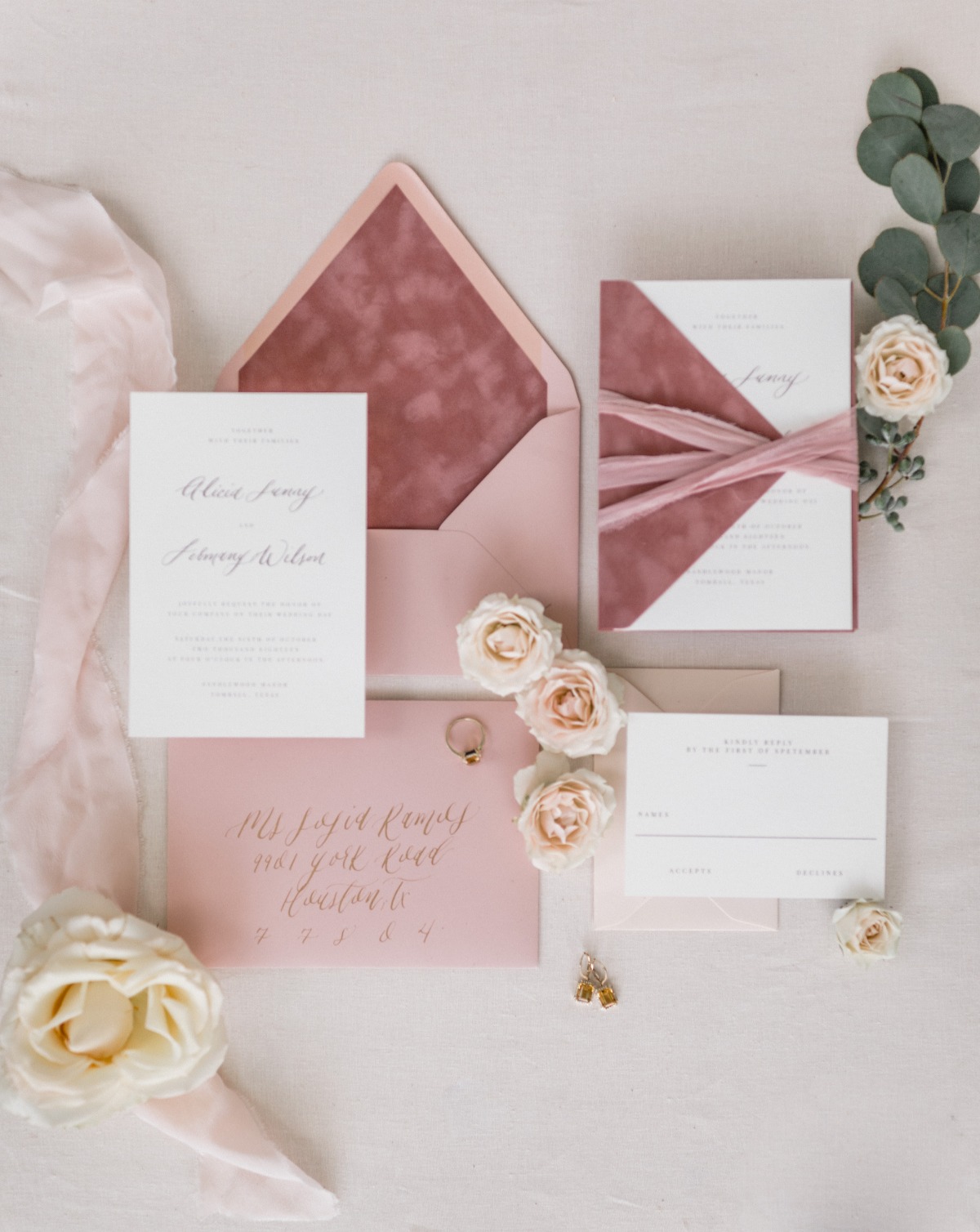 dusty rose wedding invitation suite