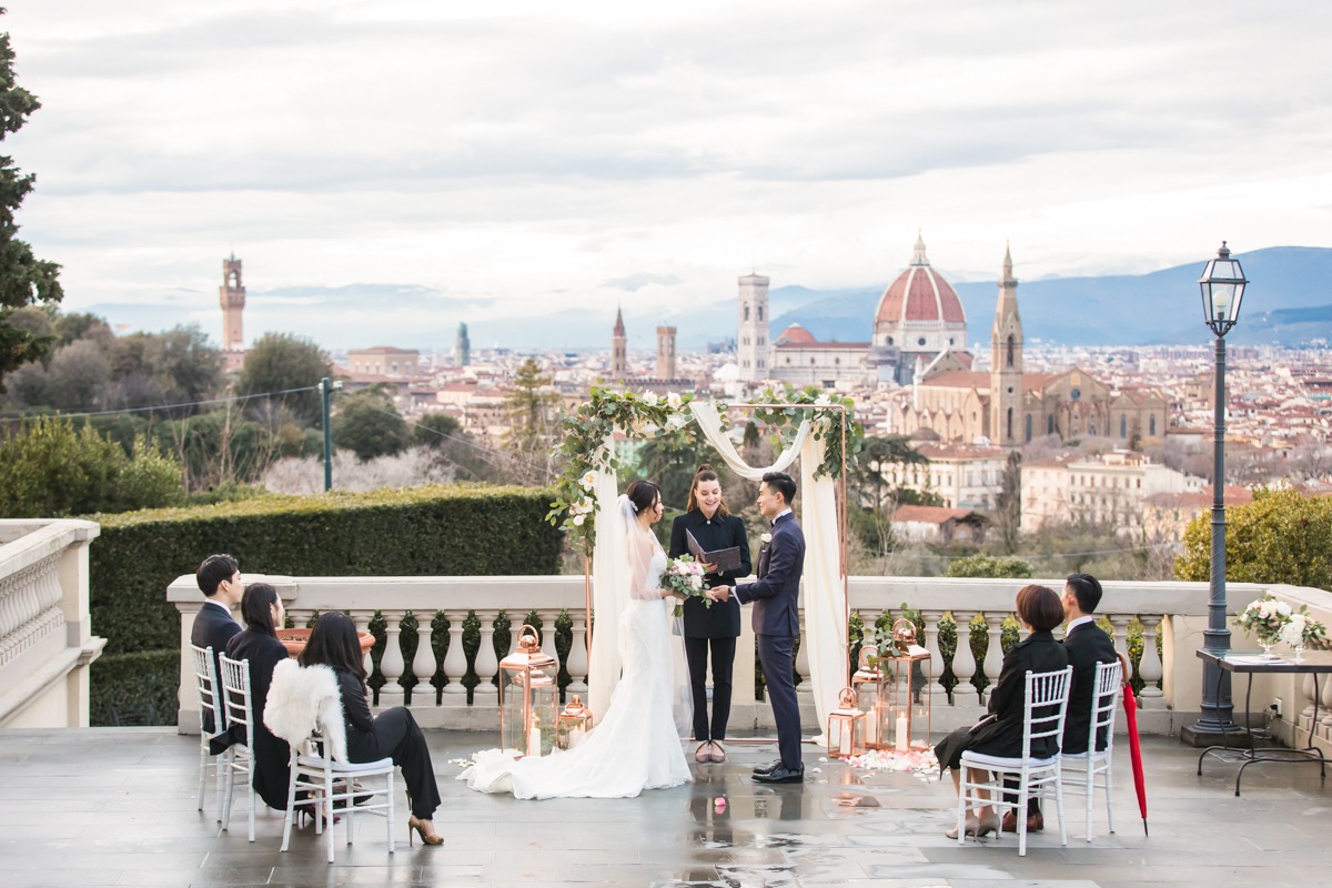 Wedding ceremony with beautiful Florence cityscape in background