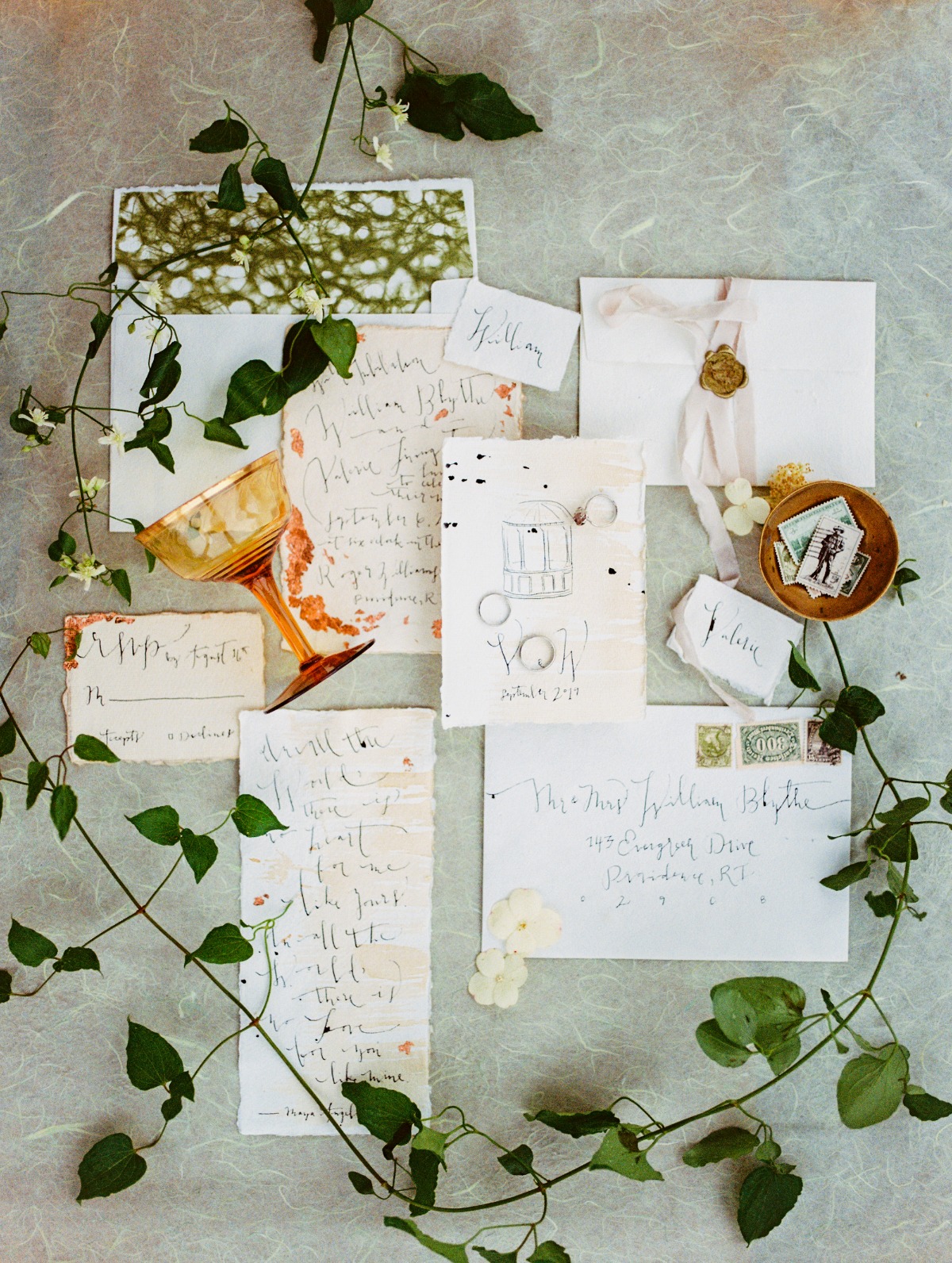 hand drawn invitation suite on handmade paper