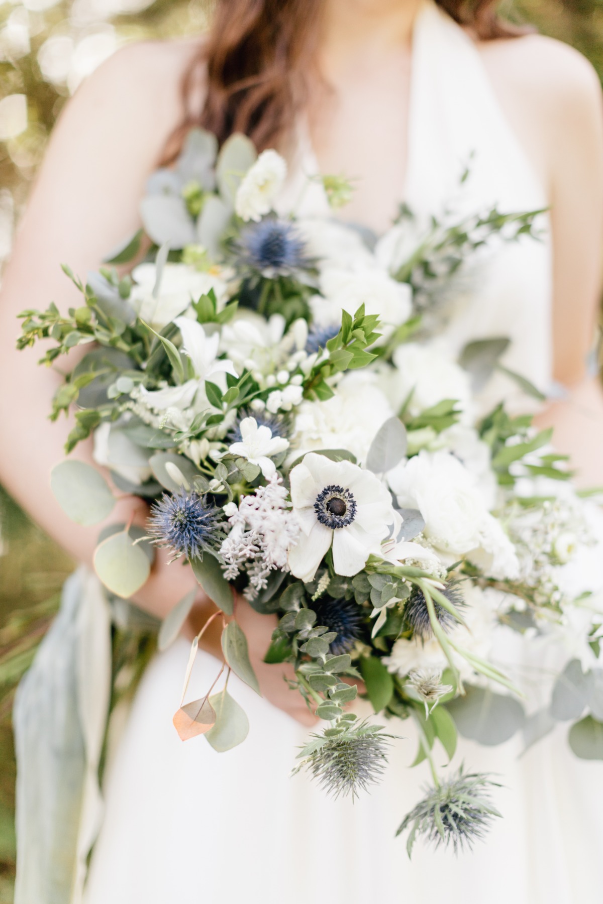 Blue, white, and green wedding bouquet