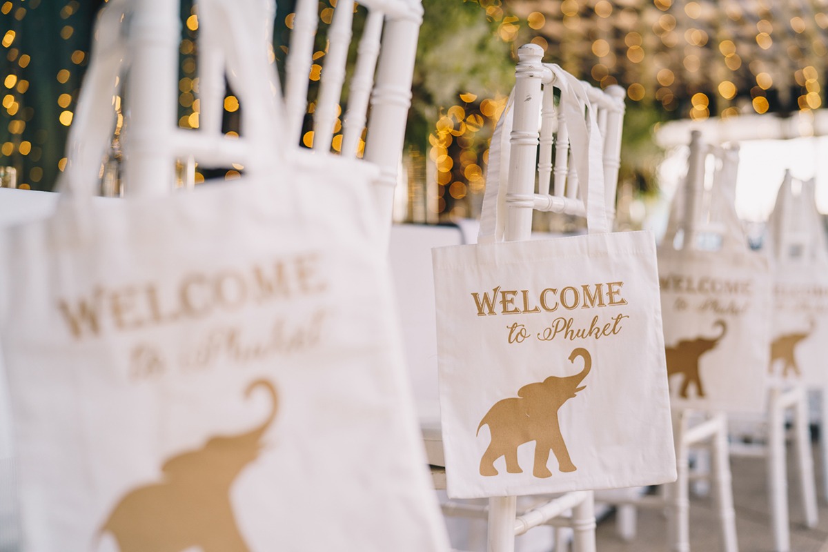 Welcome to Phuket tote bags with elephant on chairs, Thailand