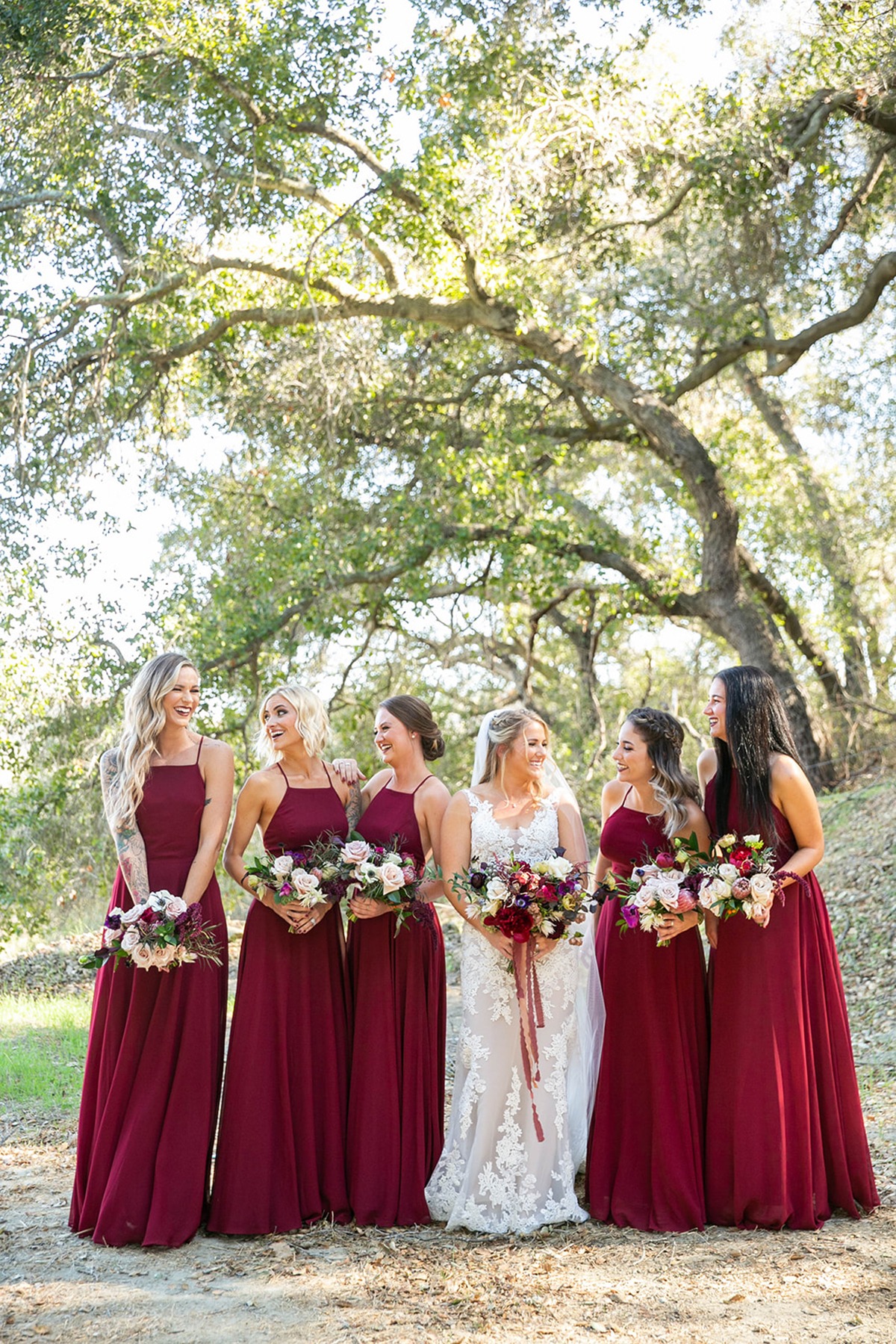 bridesmaids in deep burgundy