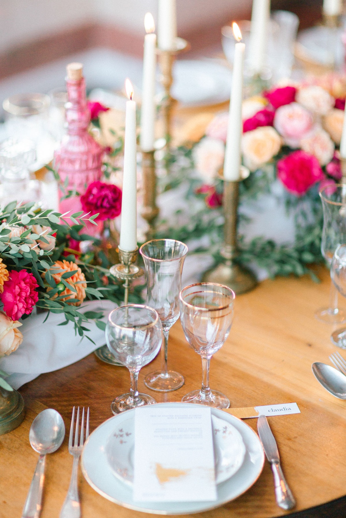 romantic pink and gold wedding table place setting
