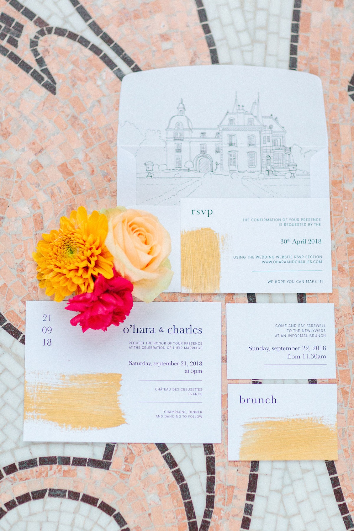 gold brush wedding invitation suite