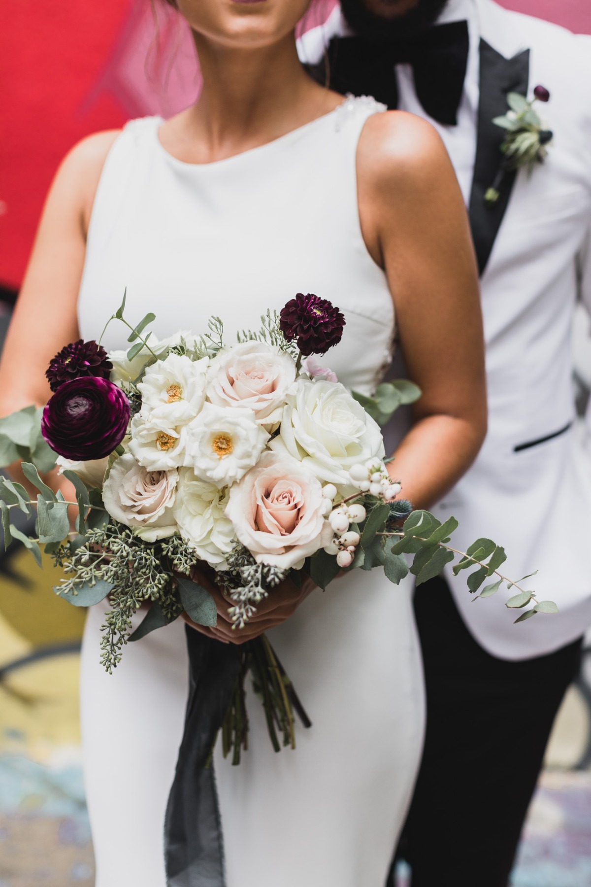 white and burgundy wedding bouquet