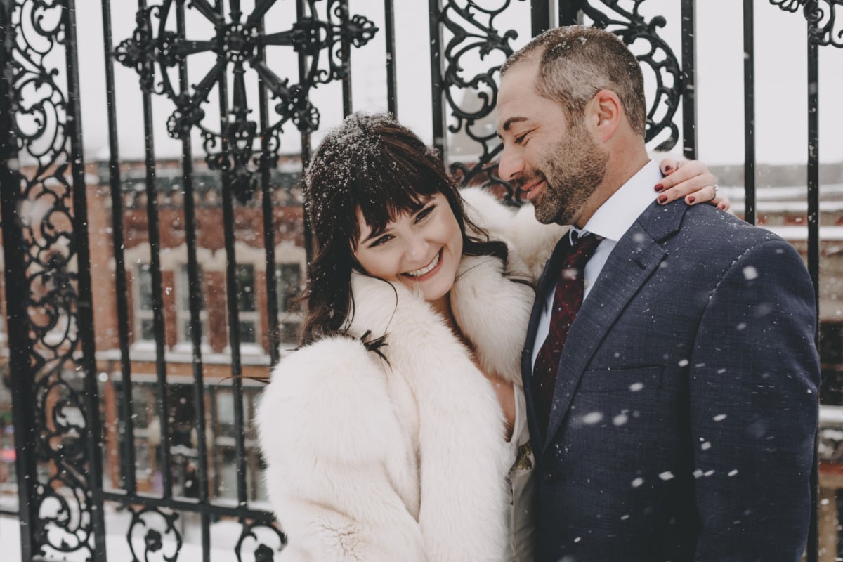 sweet wedding couple in the snow