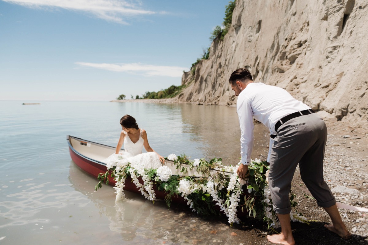floral draped wedding canoe