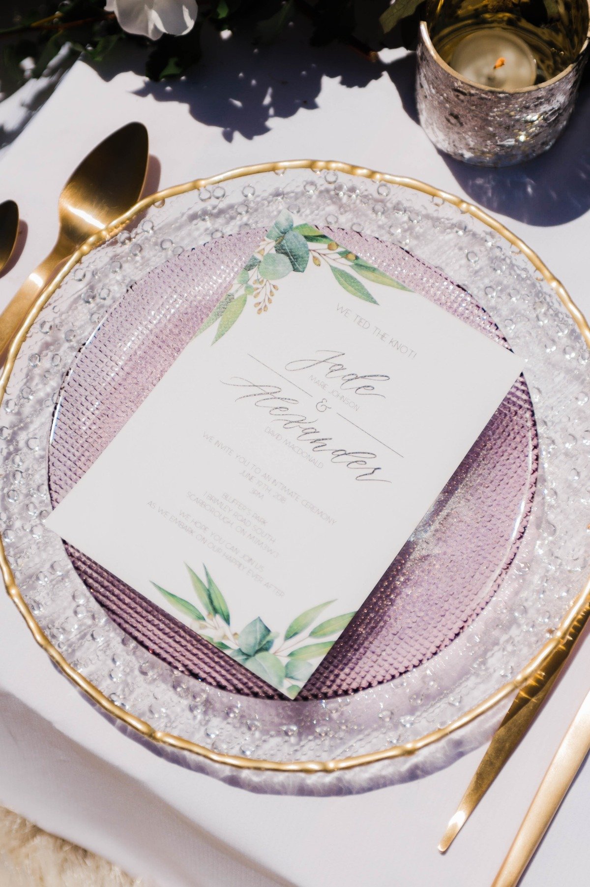 gold lavender and greenery wedding place setting