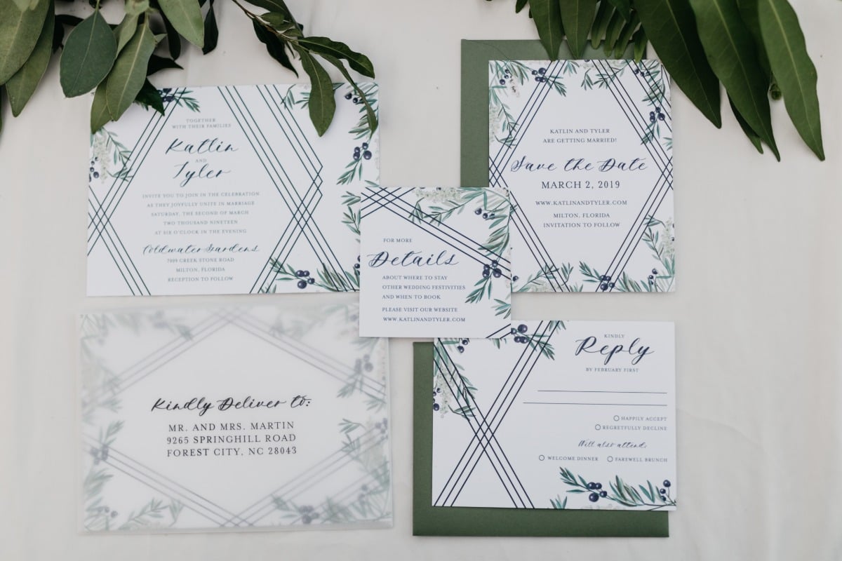 modern blue and green wedding invitation suite