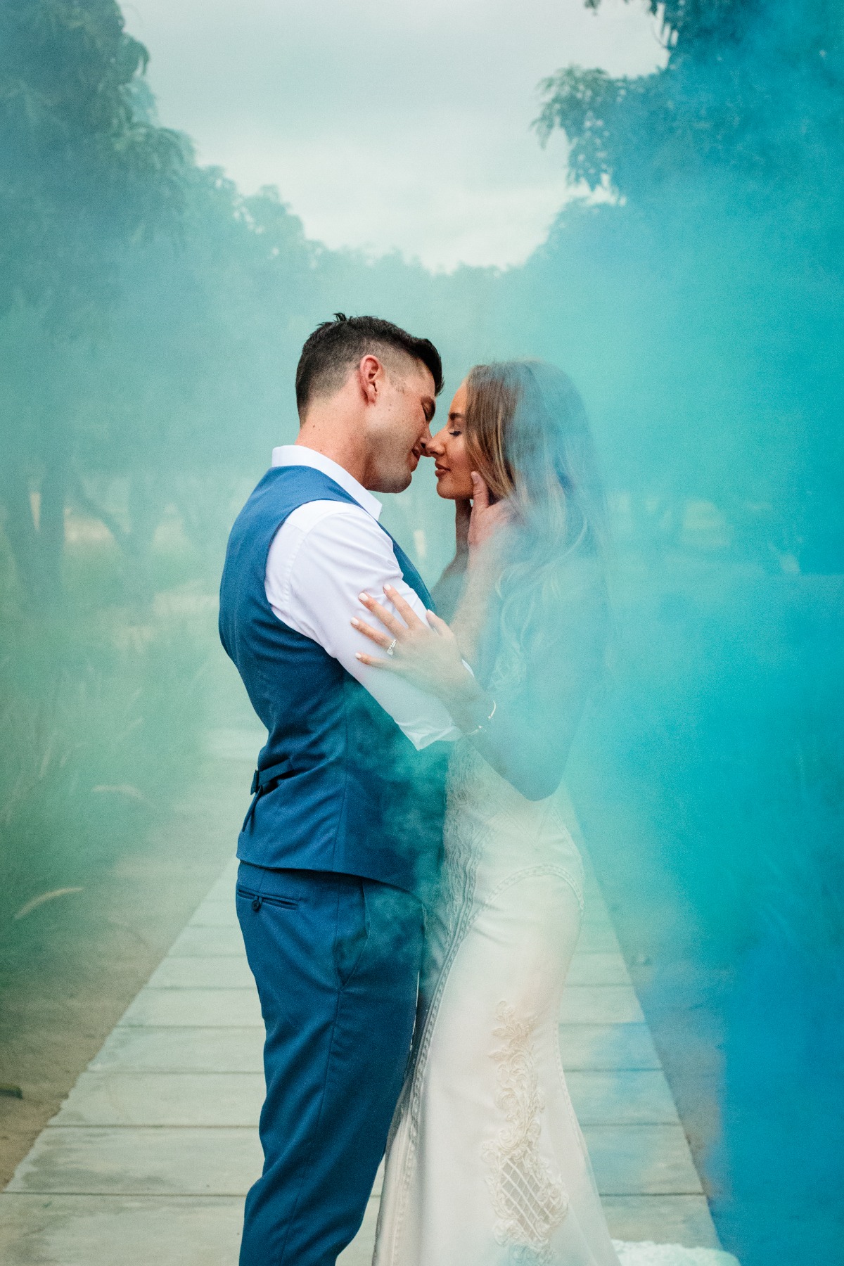 Smoke bomb wedding photo