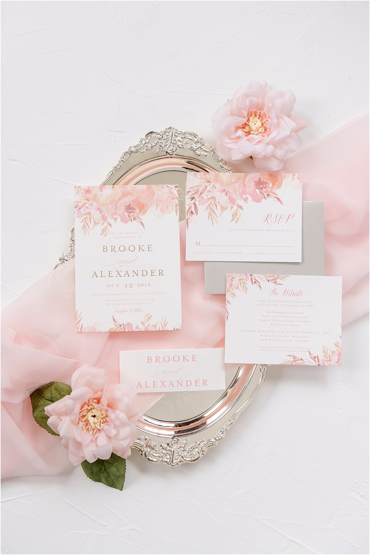 pink floral wedding invitation suite