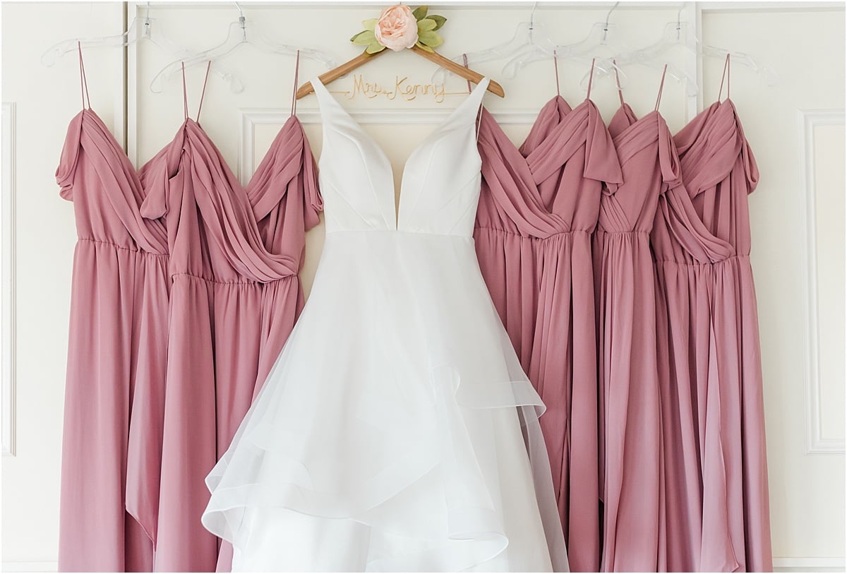 wedding dress and pink bridesmaid dresses