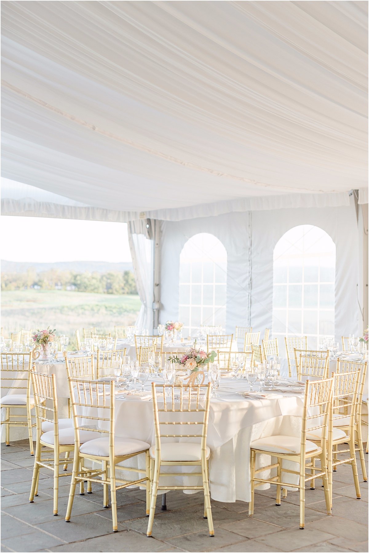 tented wedding reception with gold chairs