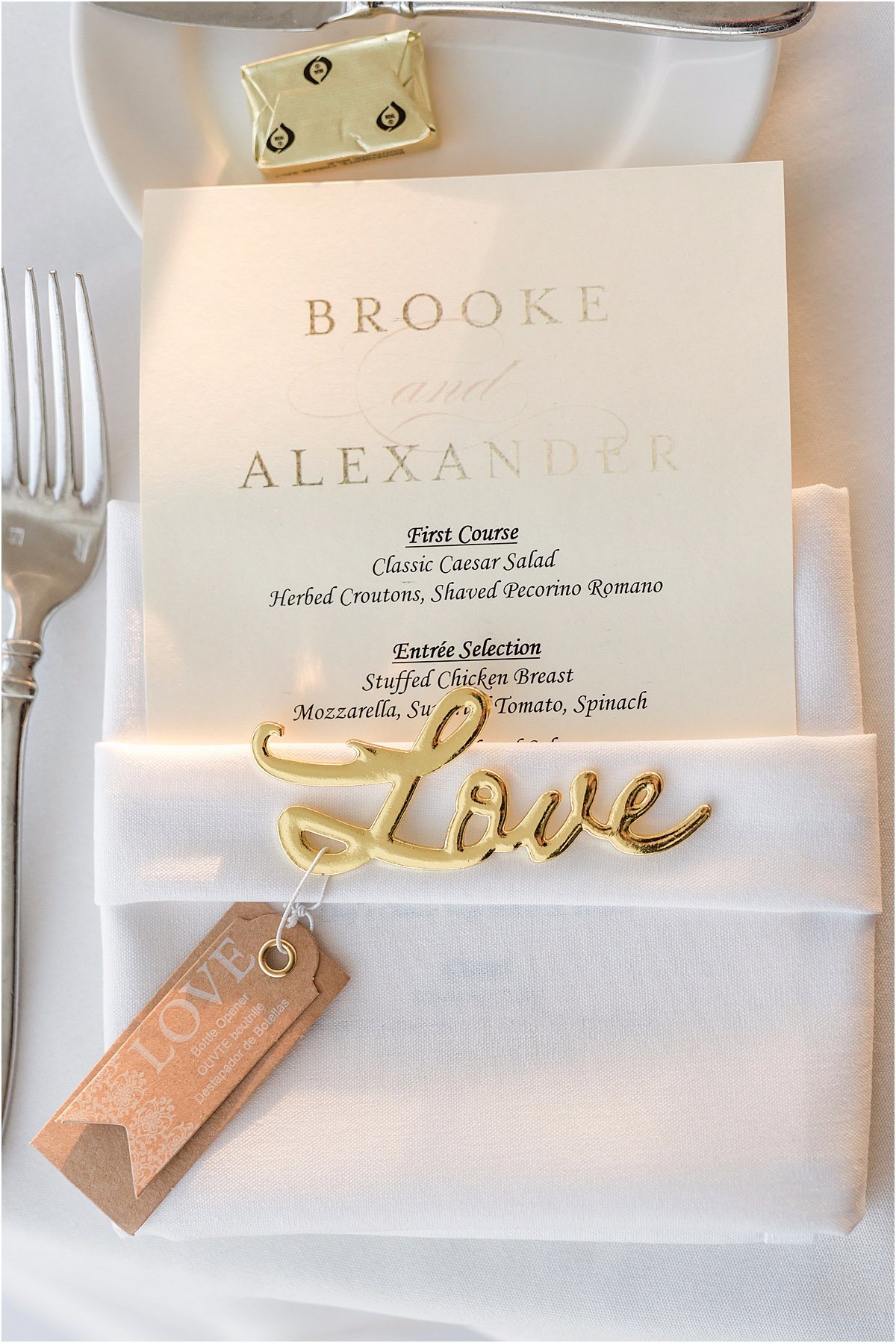 sweet wedding menu and gold love favor