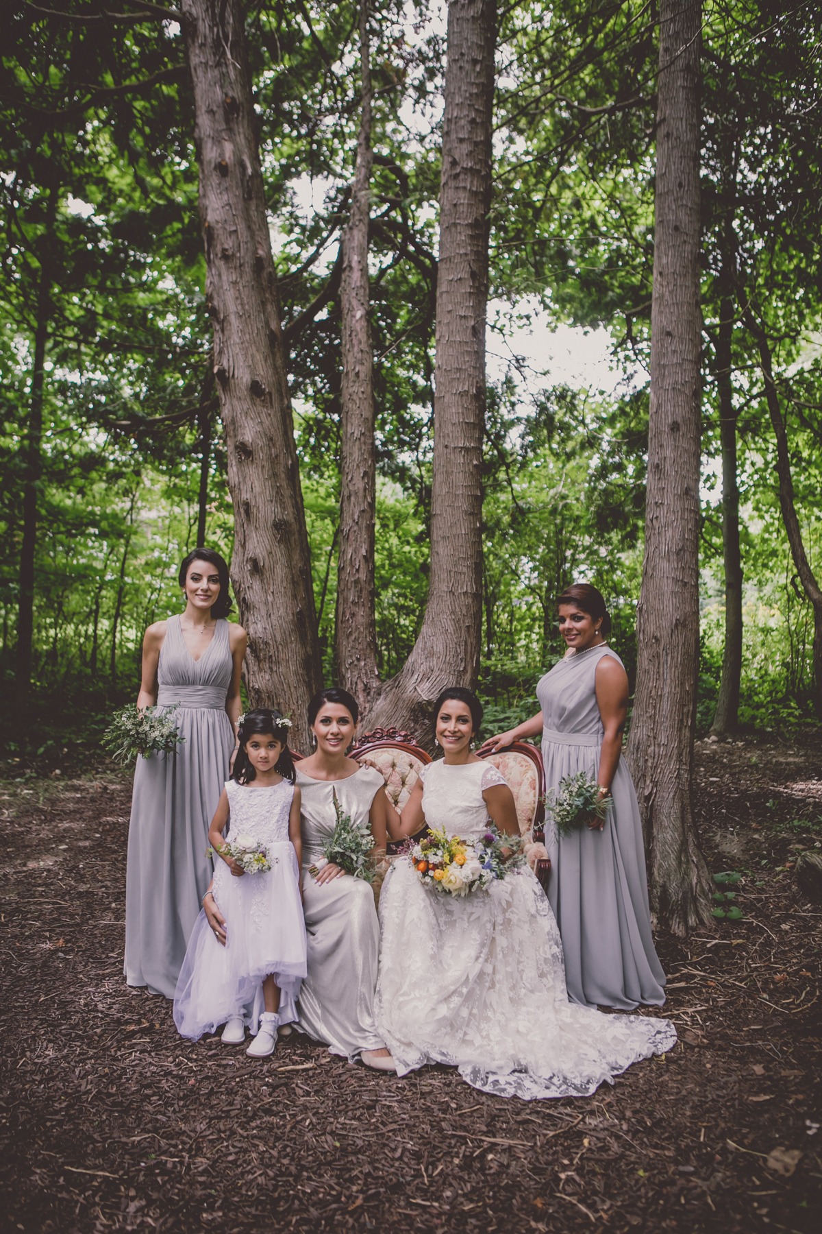 bridal party in grey and silver