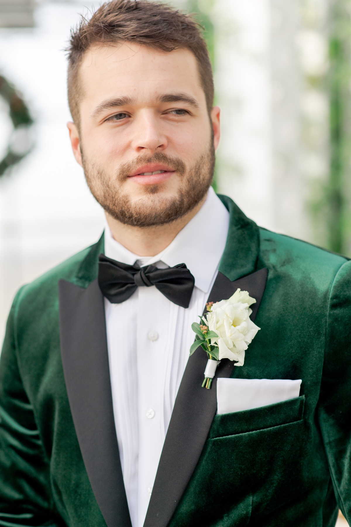Green velvet suit with bowtie