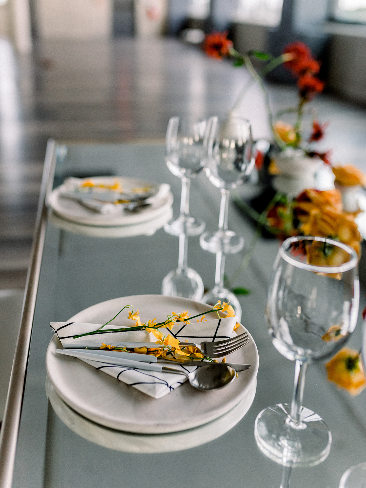 modern grey white and yellow place setting