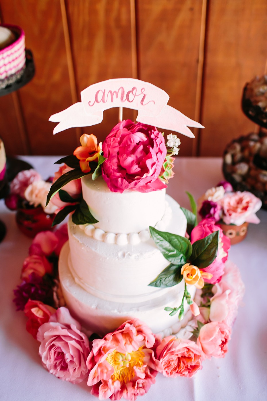 coral floral wedding cake