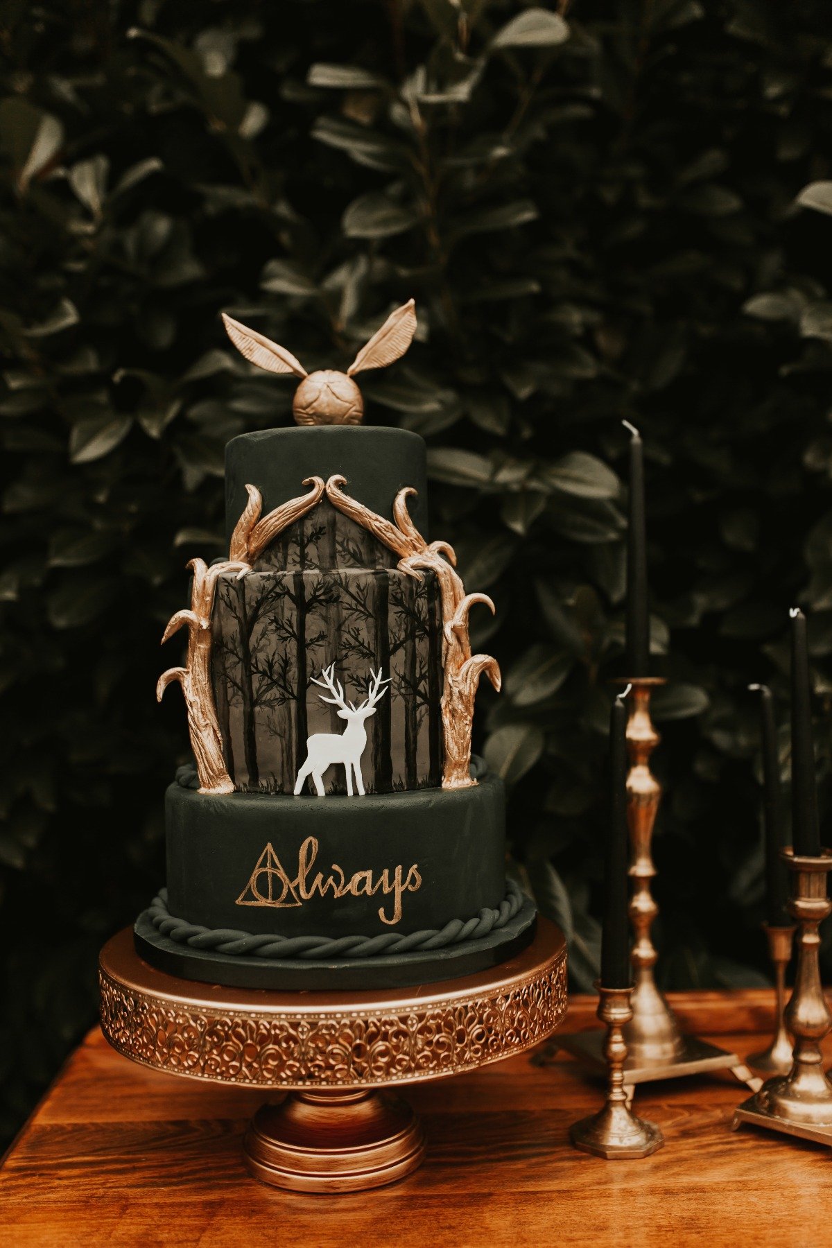 moody forest green Harry Potter themed wedding cake