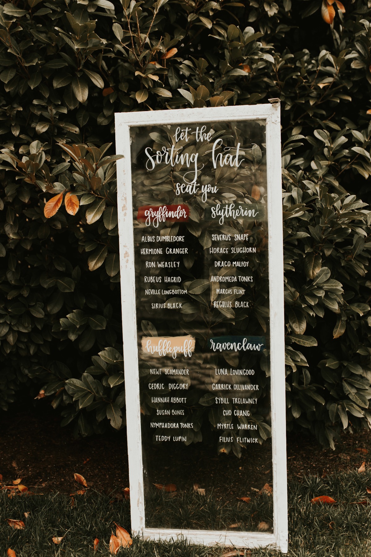 Harry Potter themed seating chart at a wedding reception