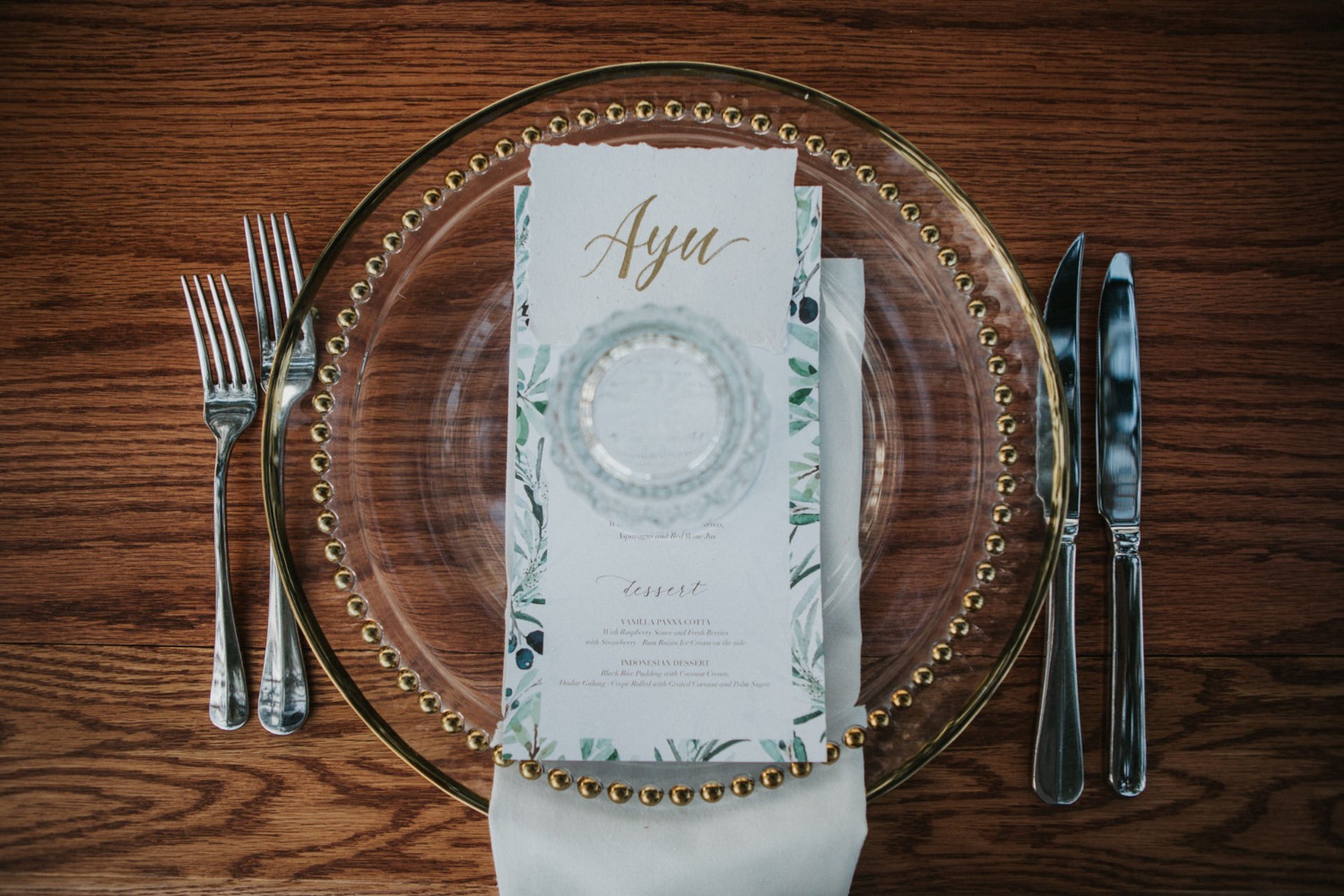 gold and white place setting