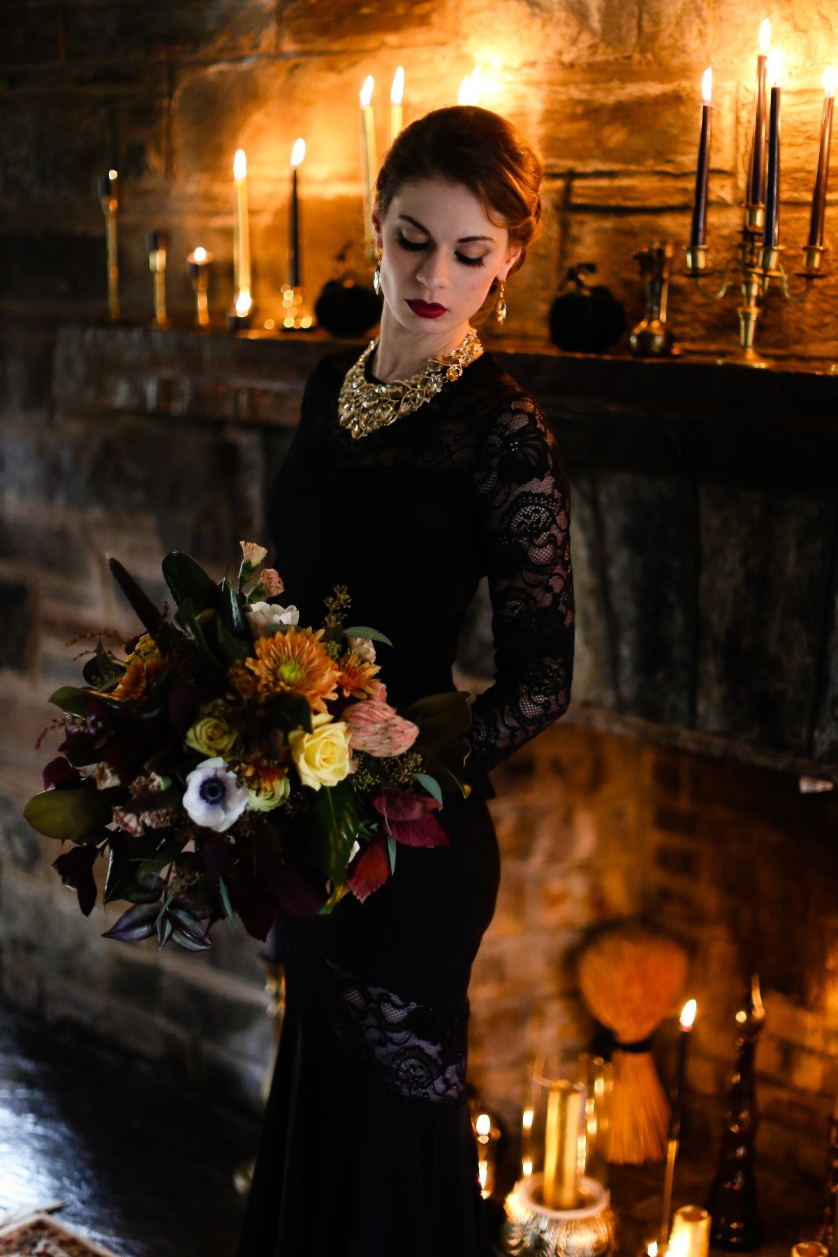 Bride in black lace dress