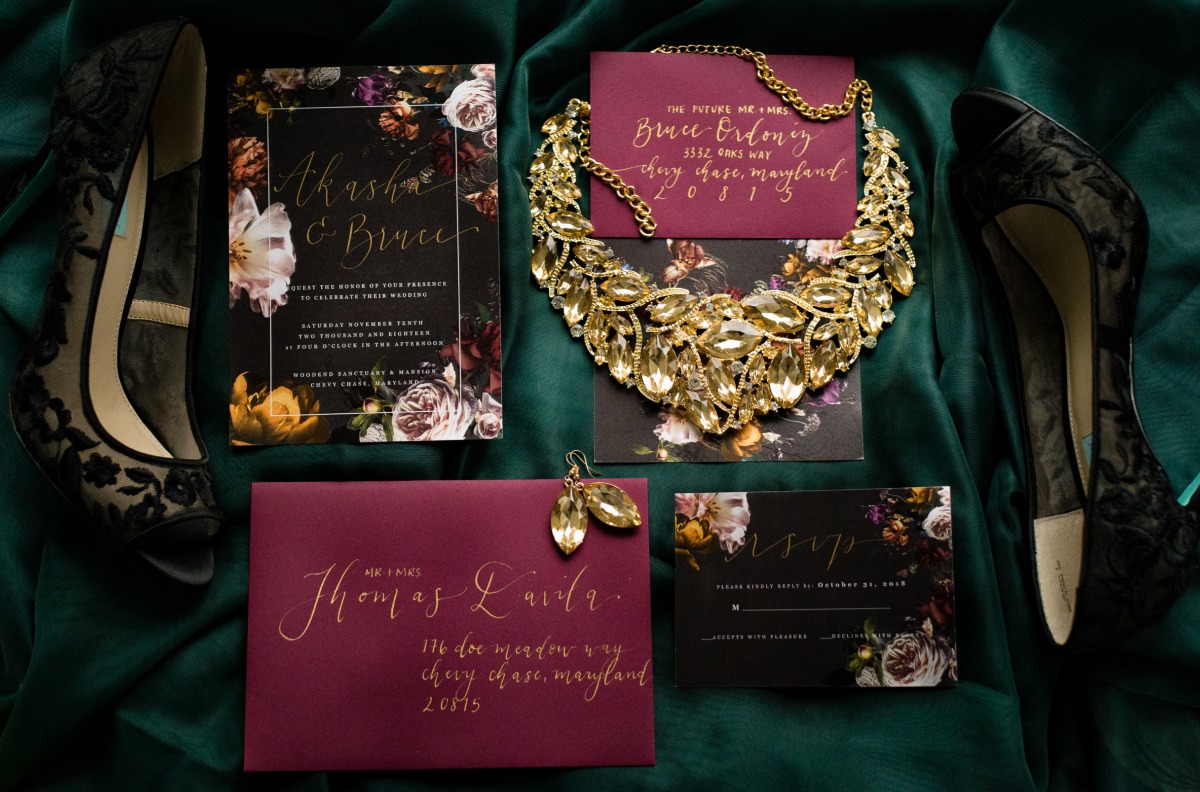 Moody floral wedding invitation suite