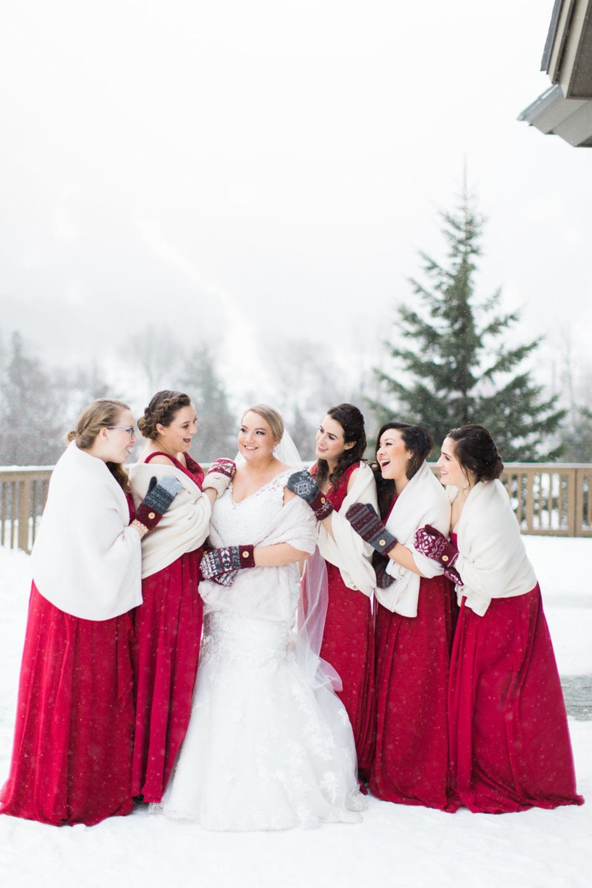 Winter bridesmaid look with mittens
