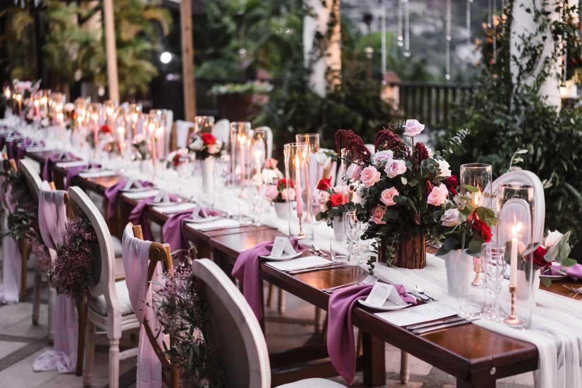 purple and pink wedding reception table