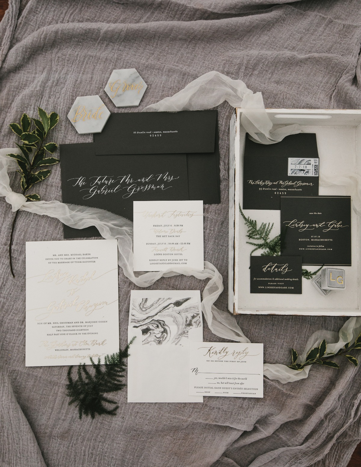 elegant and marble accented wedding invitation suite
