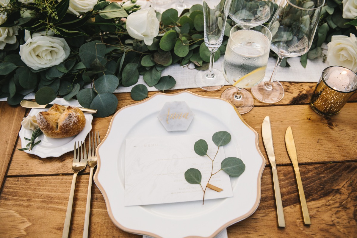 chic gold and white and marble place setting
