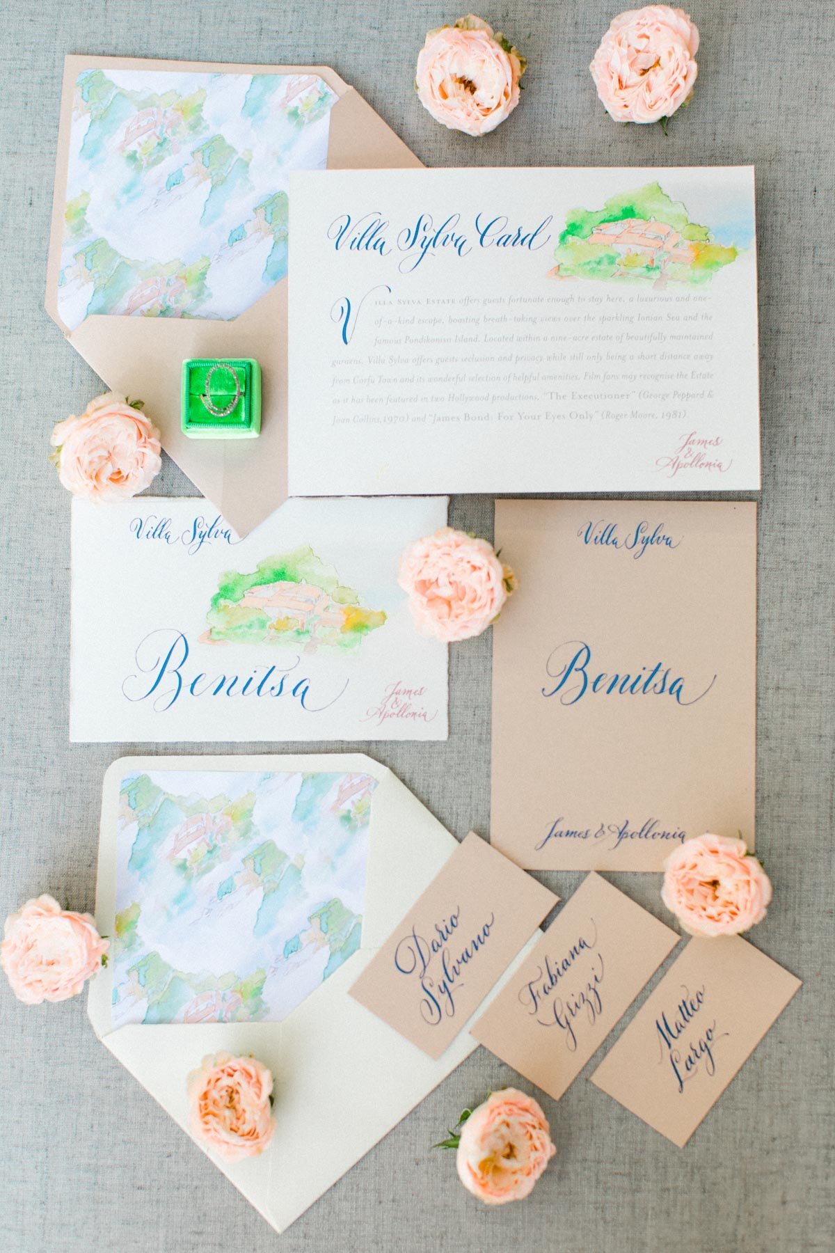 wedding invitation suite with whimsical watercolor accents