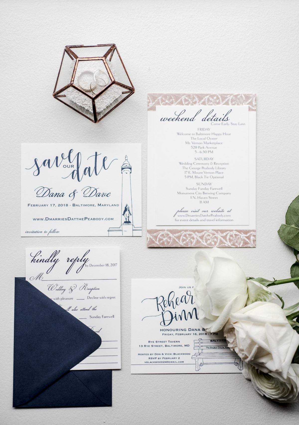 navy blue calligraphy wedding inviation suite