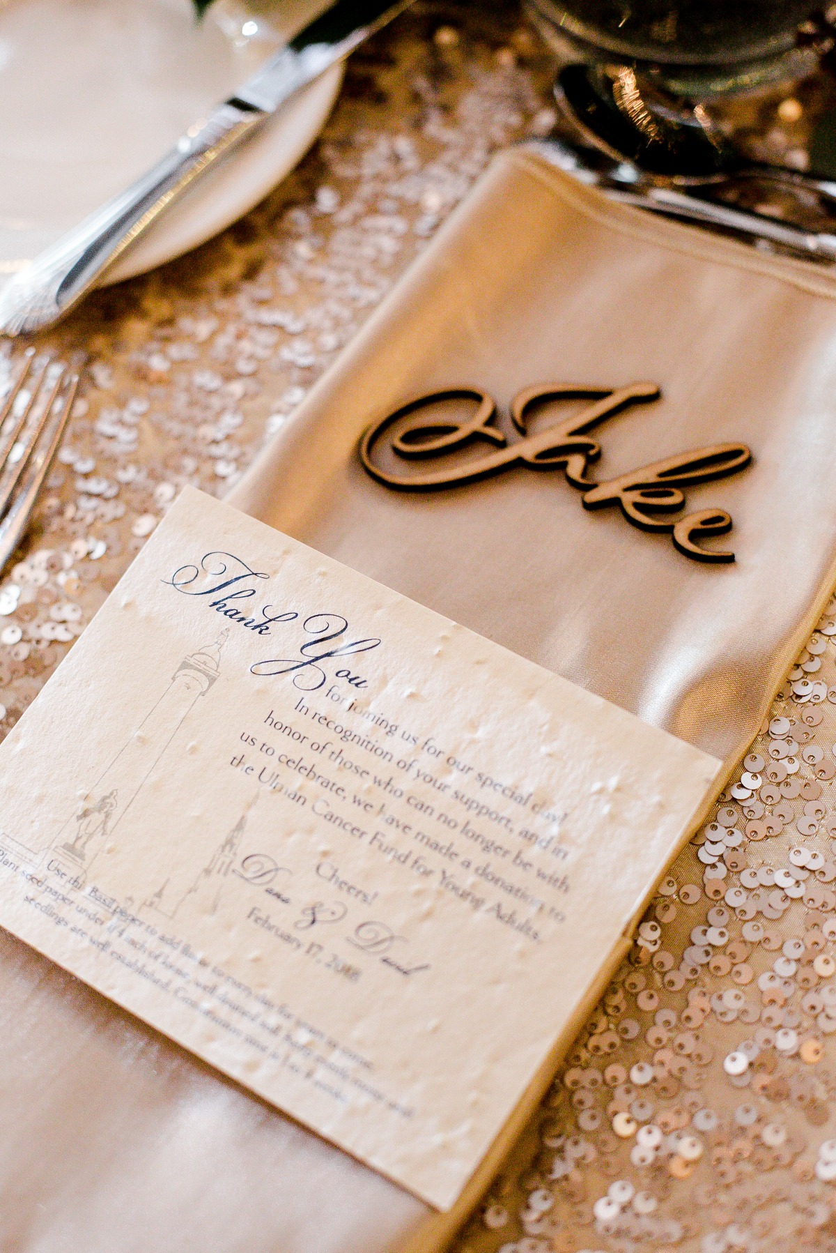 thank you notes and sequin table linens