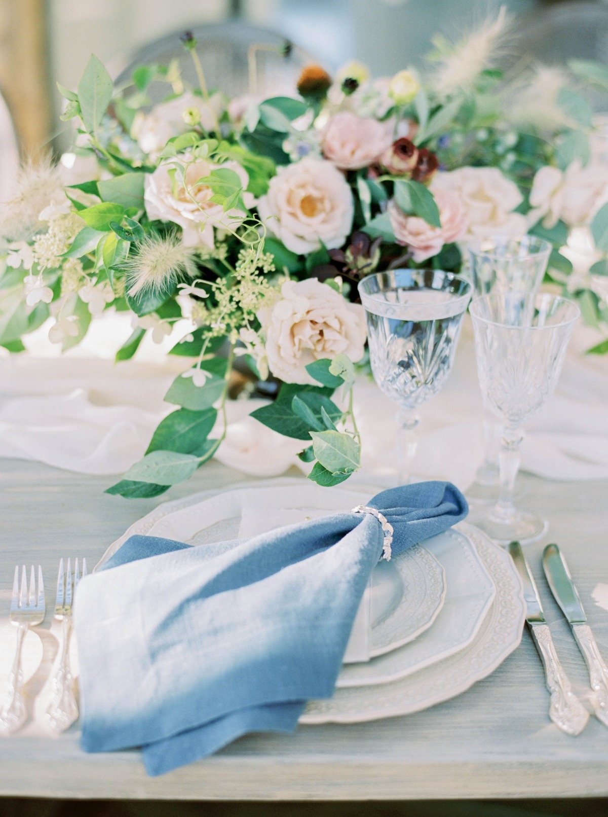 blue and white wedding place setting