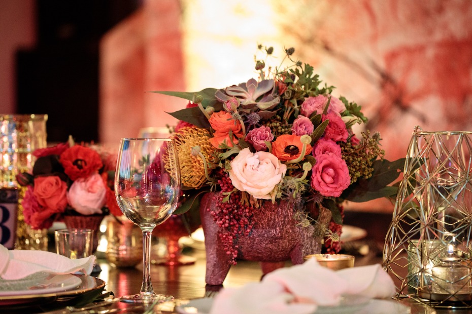Pink red coral and poppy tablescape at Mexico wedding