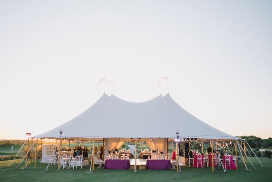 Outdoor wedding with tent and lights