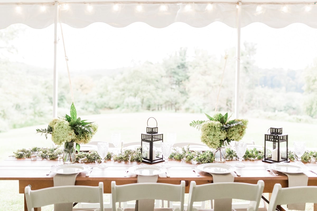 greenery and hydrangea and lantern table decor