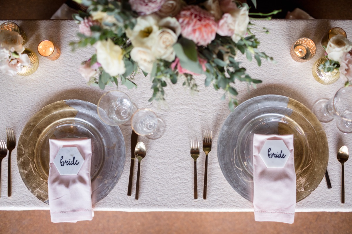 silver and gold and blush wedding sweetheart table
